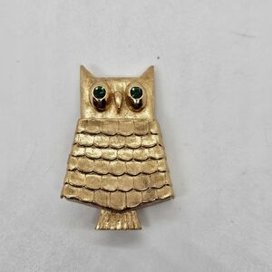 1960s Avon glace solid perfume owl pin with green rhinestone eyes in Cotillion